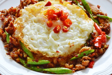 fried minced pork and yard long bean in sweet chili paste and egg