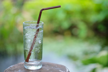 Glass of water with blurred background.