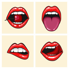 Different women's lips vector icon set isolated from background. Red lips close up girls. Shape sending a kiss, kissing lips. Collection of women's mouths and lips symbol.