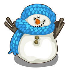 Cute smiling snowman in blue scarf and hat