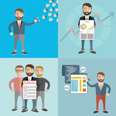 Concept of businessman with task, multitasking, marketing, office work and colleges