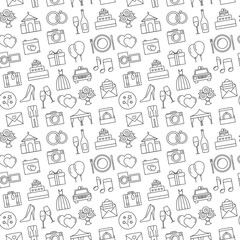 Wedding background. Seamless pattern of wedding object. Cartoon wedding symbols. Outline icons, black and white.
