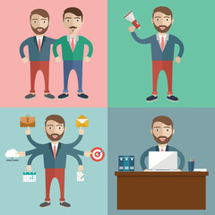 Concept of businessman with task, multitasking, marketing, office work and colleges