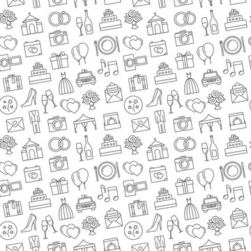 Wedding background. Seamless pattern of wedding object. Cartoon wedding symbols. Outline icons, black and white.