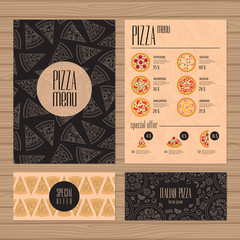 Pizza menu design. A4 size and flyer layout template. Restaurant brochure with modern line graphic. Front page and back page. Vector illustration.