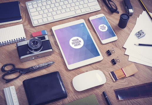 Smartphone, Tablet, and Stationery with Photography Equipment on a Wooden Desk Mockup 4
