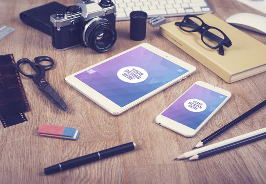 Smartphone, Tablet, and Stationery with Photography Equipment on a Wooden Desk Mockup 5