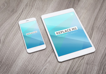 Tablet and Smartphone Close Up on Wooden Desk Mockup 2