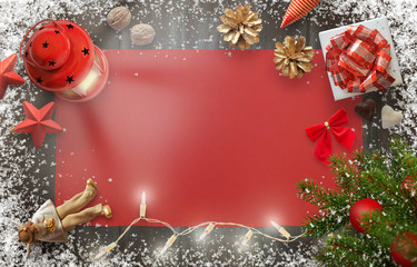 Christmas New Year background image with decorations and gifts on wooden board. Top view of iamge with free space for greeting text.
