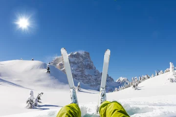 Afwasbaar fotobehang Detail of alpine skier legs, watching the valley panorama © Jag_cz