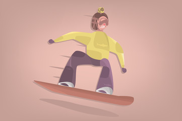 Comic boy on snowboard. Vector cartoon isolated character. Snowboarder makes freestyle jump.
