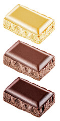 Pieces of different chocolate bar. File contains clipping paths.