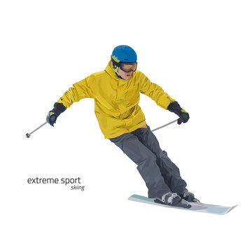 Skier on slope vector illustration. Skiing design elements isolated on white background. Winter entertainments, outdoor activity and sport. Extreme slalom.
