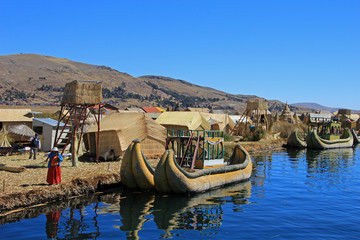 Totora reed floating islands Uros, lake Titicaca, near Puno, Peru
