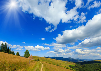 Summer sunshiny mountain country view (Carpathian, Ukraine).