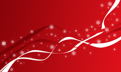 Red background with ribbon and glowing stars refer to Christmas and New Year concept, digitally created by computer software