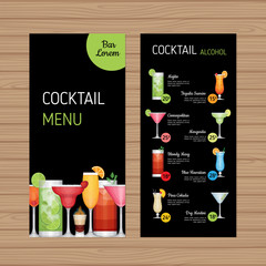 Cocktail menu design. Alcohol drinks leaflet and flyer layout template. Bar menu brochure with modern graphic. Vector illustration.