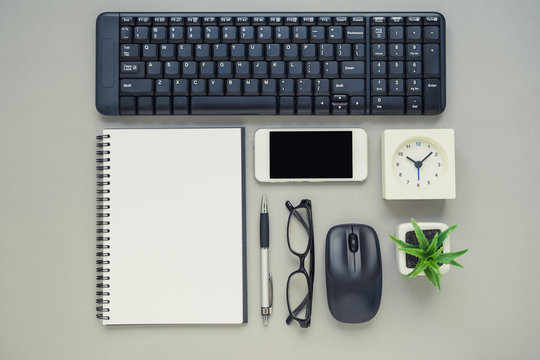 Top View Of Office Desk Technology Items