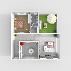 3d interior rendering of furnished square home apartment