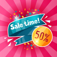 Sale time banner. Advertising flyer for commerce, discount and special offer