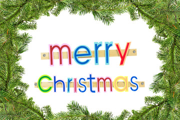 Bright festive Christmas greeting on white background with spruce frame