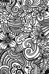 monochrome vertical banner painted in patterns floral, zentangle and Doodle