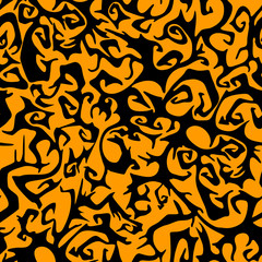 Ornate, convoluted seamless pattern in black on a orange background