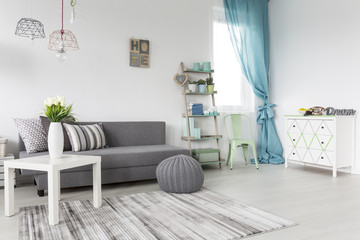 Living room in gray and mint