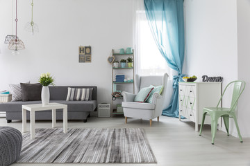 Living room interior with bright walls and floor