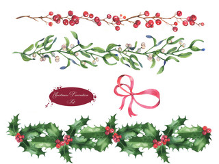 Hand-drawn watercolor Christmas mistletoe branches, leaves, holly and berries isolated on the white background. Set of the decorative ornamental borders holiday decorations - 124751522