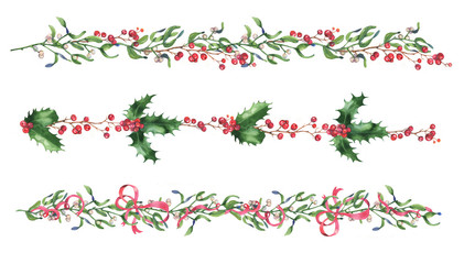 Hand-drawn watercolor Christmas mistletoe branches, leaves, holly and berries isolated on the white background. Set of the decorative ornamental borders holiday decorations