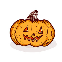 Halloween pumpkin clip-art, isolated on white. Hand drawn sketchy icon of jack-o-lantern, design element for halloween party invitation card, poster, greeting card, banner, coupon.