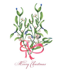 Hand-drawn watercolor Christmas bouquet of mistletoe. Illustration for greeting cards, invitations, and other printing projects. Merry Christmas greeting template