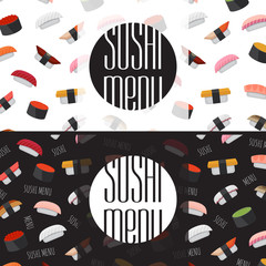 Sushi menu design. Japanese cuisine. Black and white background.