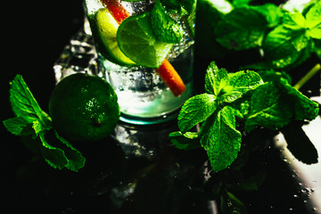 glass of mojito with lime and mint ice cube close-up red straw