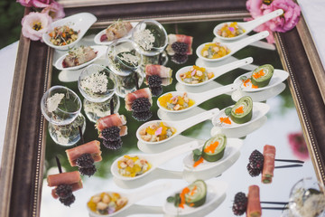 close up of a catering banquet table at wedding reception