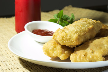 Paneer Spring Rolls with tomato ketchup on a white plate.