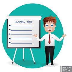 Businessman near the chart board. Indicates. Explains. Conducts Successful lecture guy. For your design.