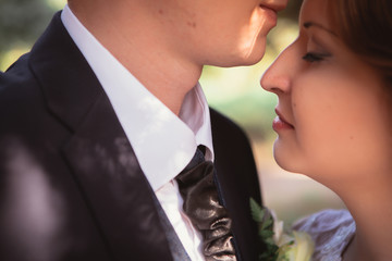 portrait of a couple bride and groom on  park background