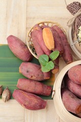 sweet potato boiled is delicious on wood background.