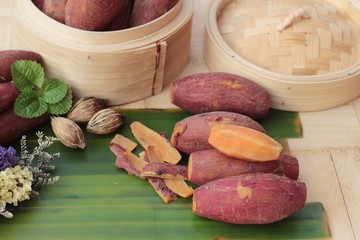 sweet potato boiled is delicious on wood background.