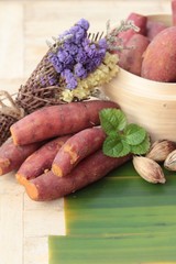 sweet potato boiled is delicious on wood background.