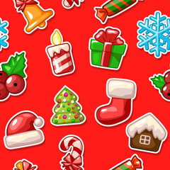 Merry Christmas seamless pattern, set icons on red background in vector