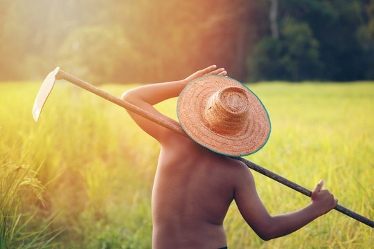 Farmer carrying a hoe go to work farm