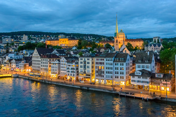 Naklejka na ściany i meble Night view of historic Zurich city center on summer, Canton of Zurich, Switzerland.