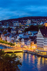 Obraz premium Night view of historic Zurich city center on summer, Canton of Zurich, Switzerland.