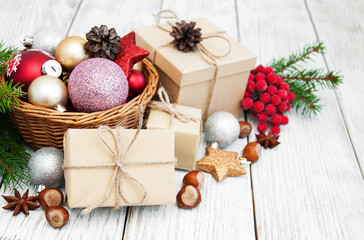 Naklejka na ściany i meble christmas gift box and decorations