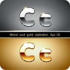 Naklejka premium 3d Joyful set of chrome metal and gold vector alphabet. The letter 