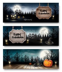 Three Holiday Halloween Banners with Pumpkins. Vector © ecco