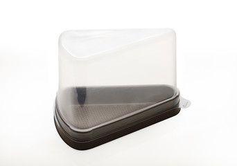 Plastic food container / Triangle plastic container on white background.